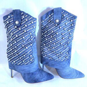NIB NWT Azalea Wang Pollie Denim & Rhinestone Boots Size 8.5